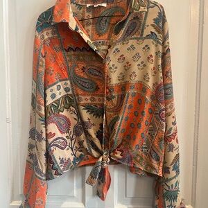 Rose & Olive Multicolor Paisley Tie-Front Blouse